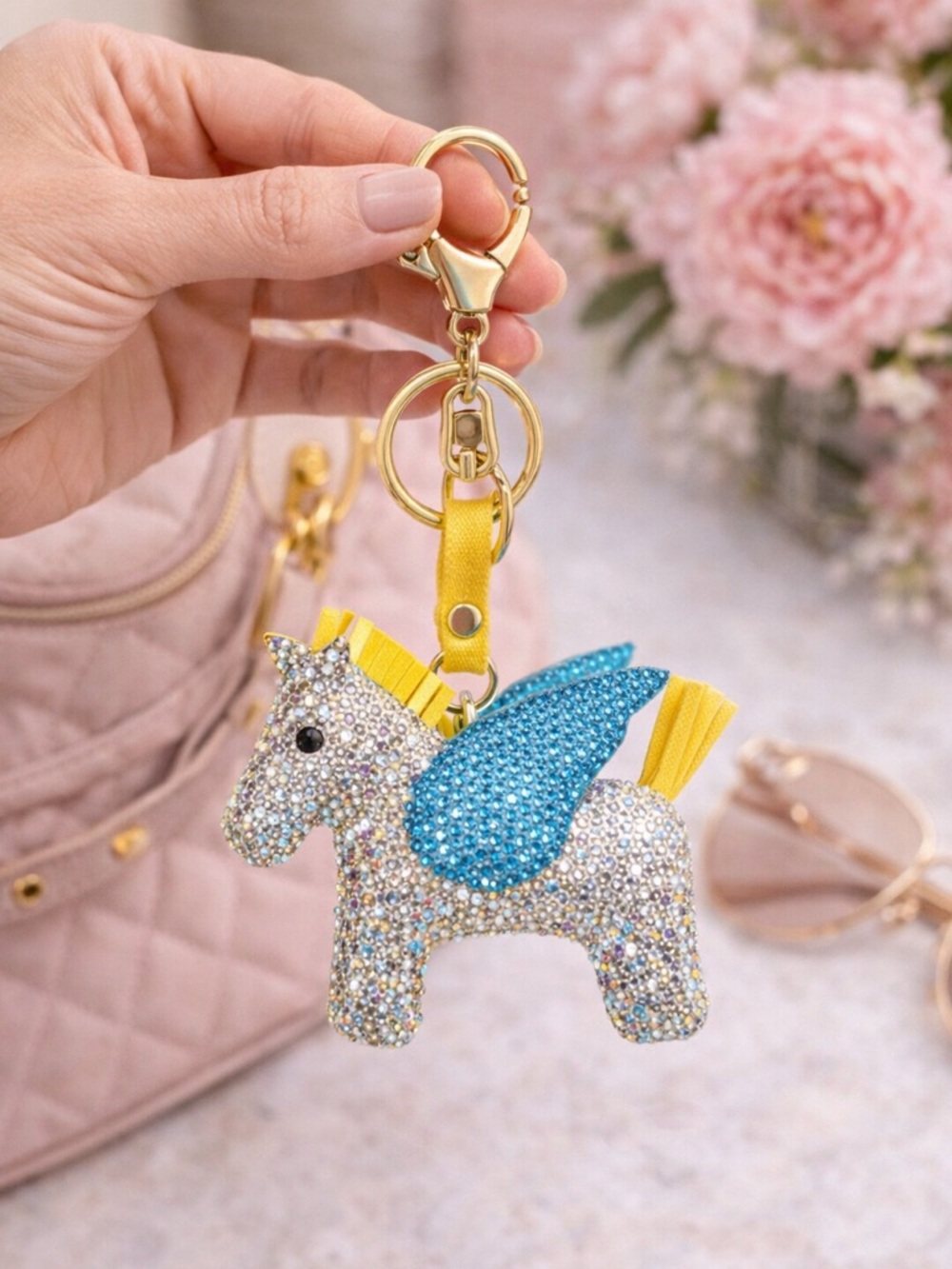 Natasha Pegasus Horse Rhinestone Bag Charm Keychain Yellow Blue